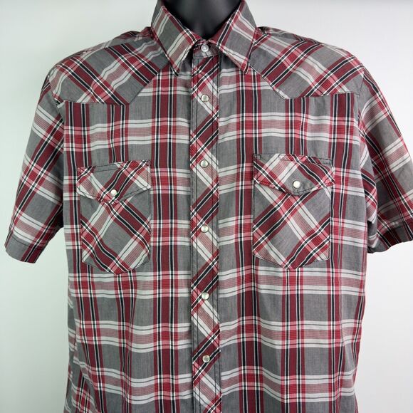Wrangler Shirt Mens Large Western Pearl Snap Rodeo Short Sleeve Plaid - Picture 2 of 6